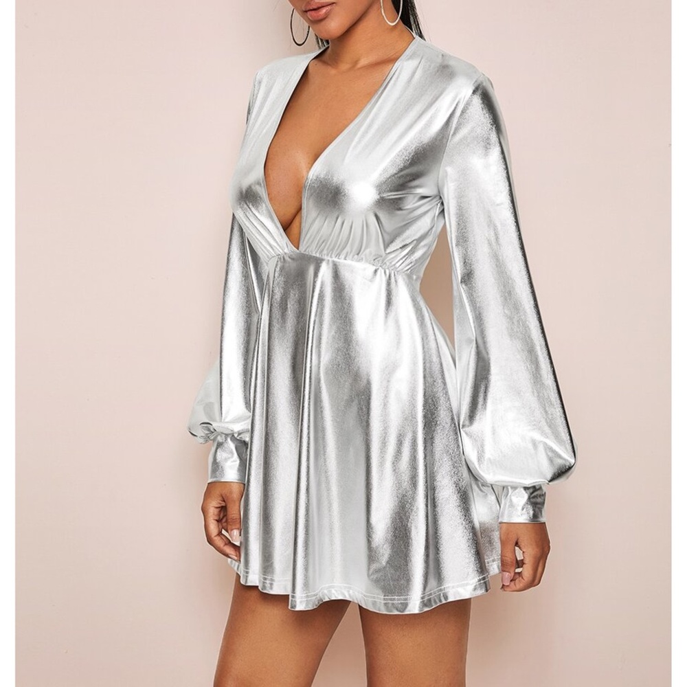 Silver Metallic Deep V Fit & Flare Party Dress